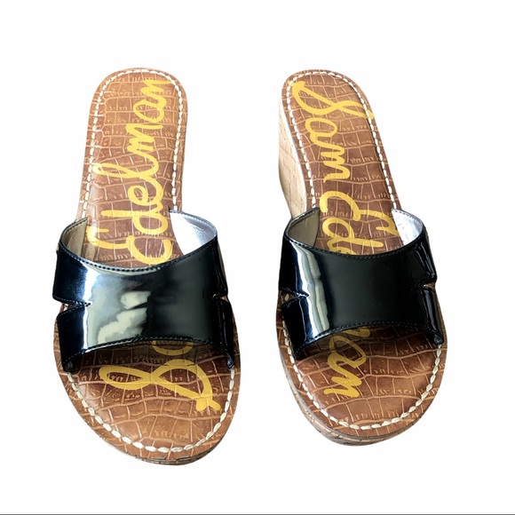 Sam Edelman Reid Black Patent Wedge Cork Sandals - Picture 2 of 11